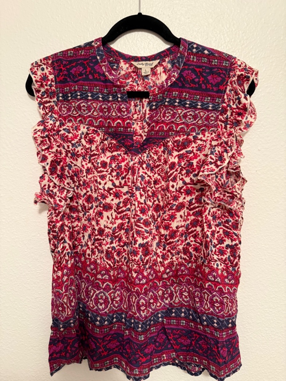 Lucky Brand Red & Blue Floral Ruffle Sleeve Blouse Size L